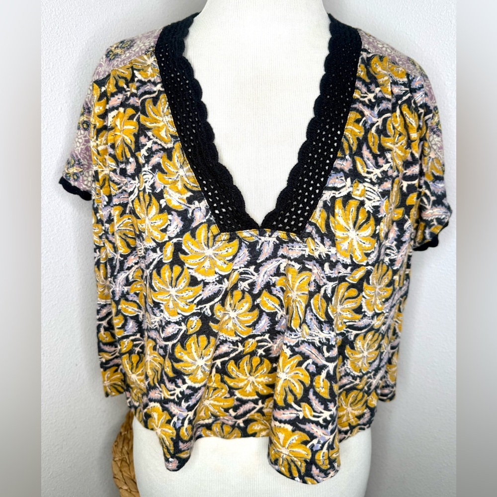 Free People Top Yellow Floral V-Neck Blouse Flowy Lace Crochet Trim Boho Shirt